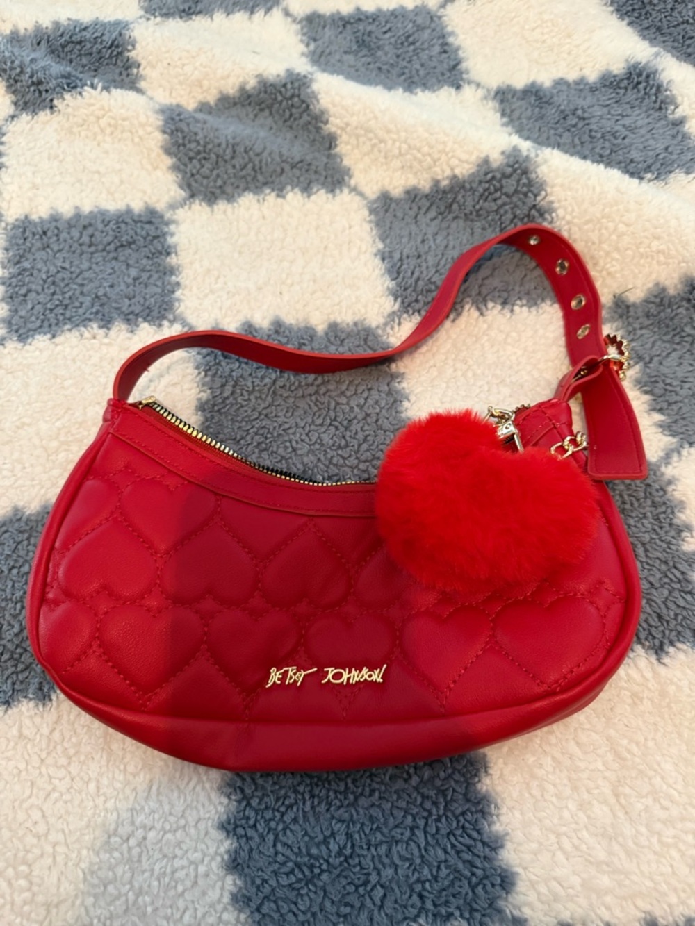 Betsey Johnson Red Quilted Heart Shoulder Bag with Pom-Puff Charm